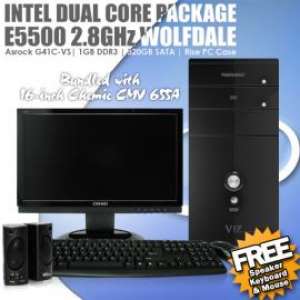 BRAND NEW Intel Pentium DUAL CORE E5500 2.8GHz WolfdaleASROCK G41C-VS BUNDLE with Powerlogic V17 PC Case and 16-inch Chimei CMV 655A Wide LCD Monitor 